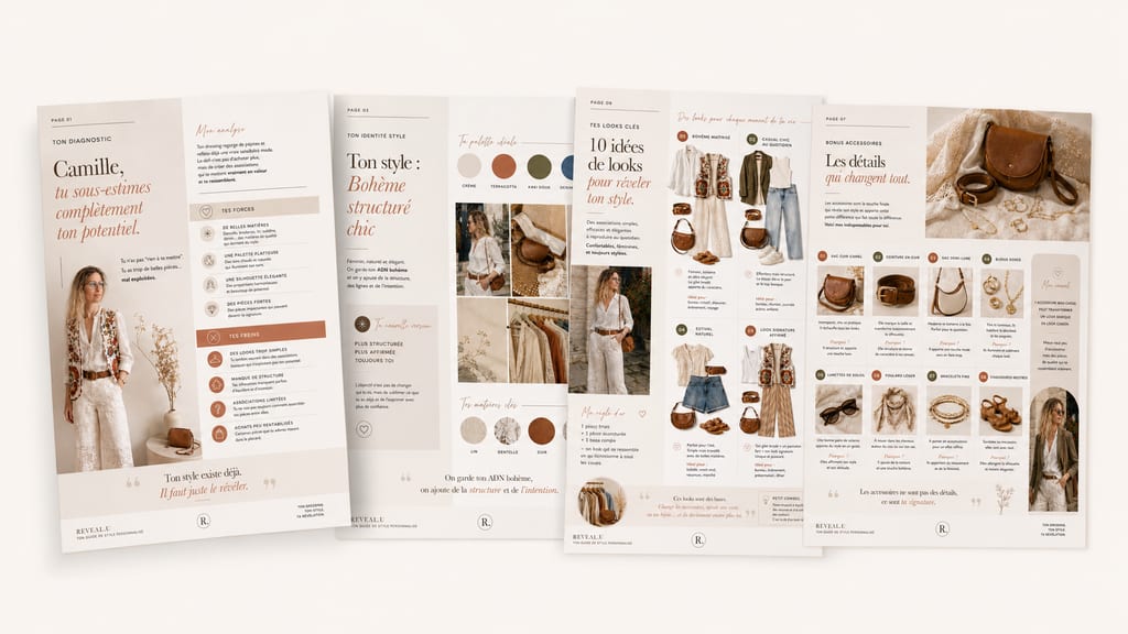 Preview of the personal guide: cover, outfits and colour palette