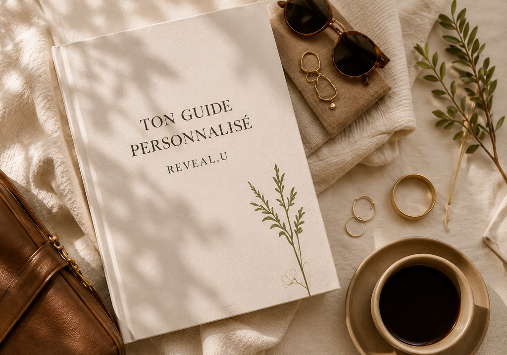 The REVEAL.U personal guide on light linen, with sunglasses, rings and a coffee