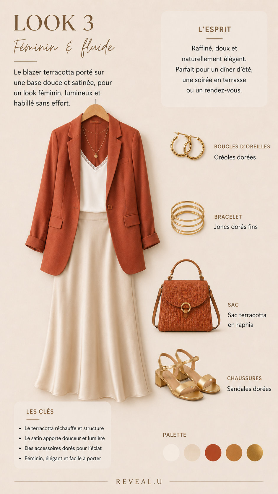 Look 3, feminine and flowing: terracotta blazer, satin camisole, long ecru skirt, raffia bag and gold sandals.