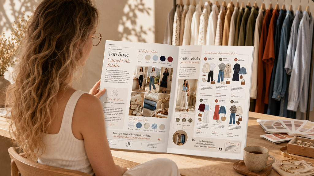 A woman flips through her outfit guide in front of her wardrobe