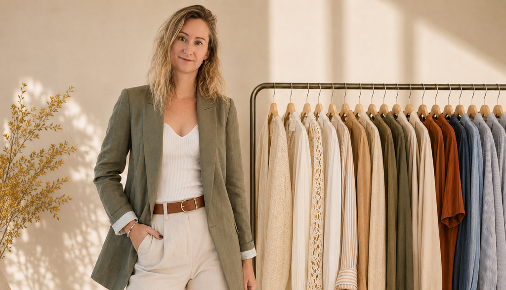 Camille, fondatrice de REVEAL.U, devant un portant de vêtements aux tons naturels