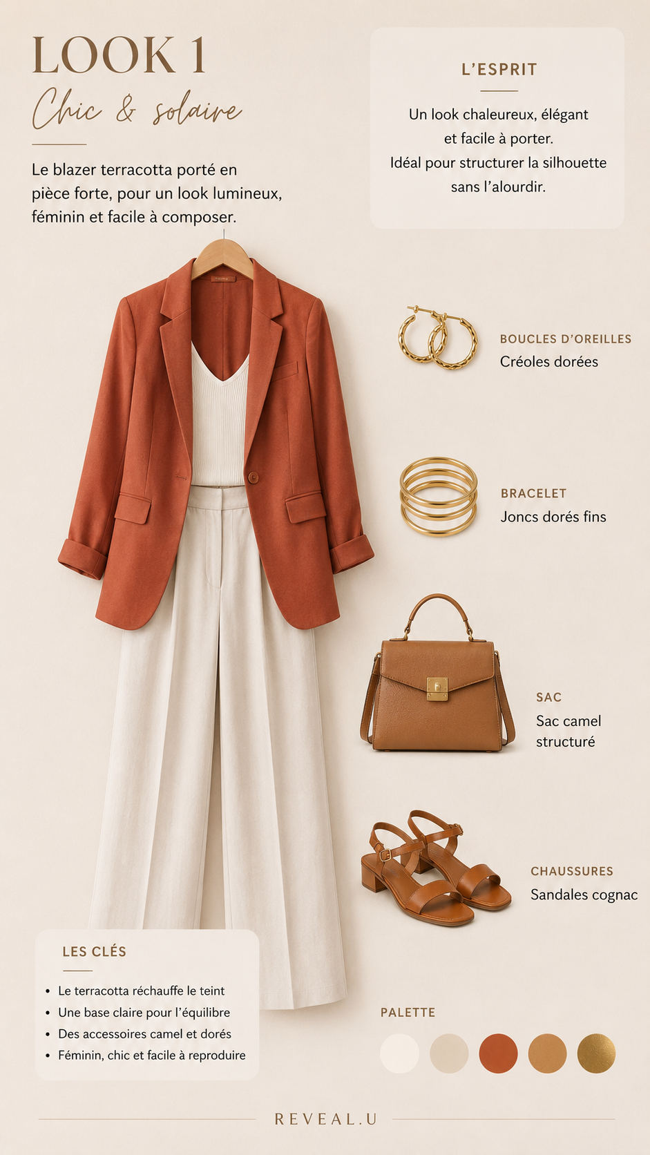 Look 1, chic et solaire : blazer terracotta, débardeur écru, pantalon large ivoire, sac camel et sandales cognac.