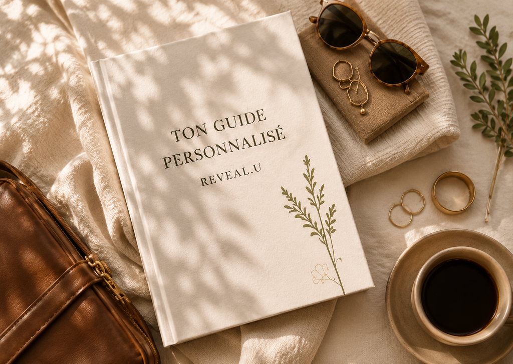 Le guide personnalisé REVEAL.U posé sur des vêtements aux tons naturels