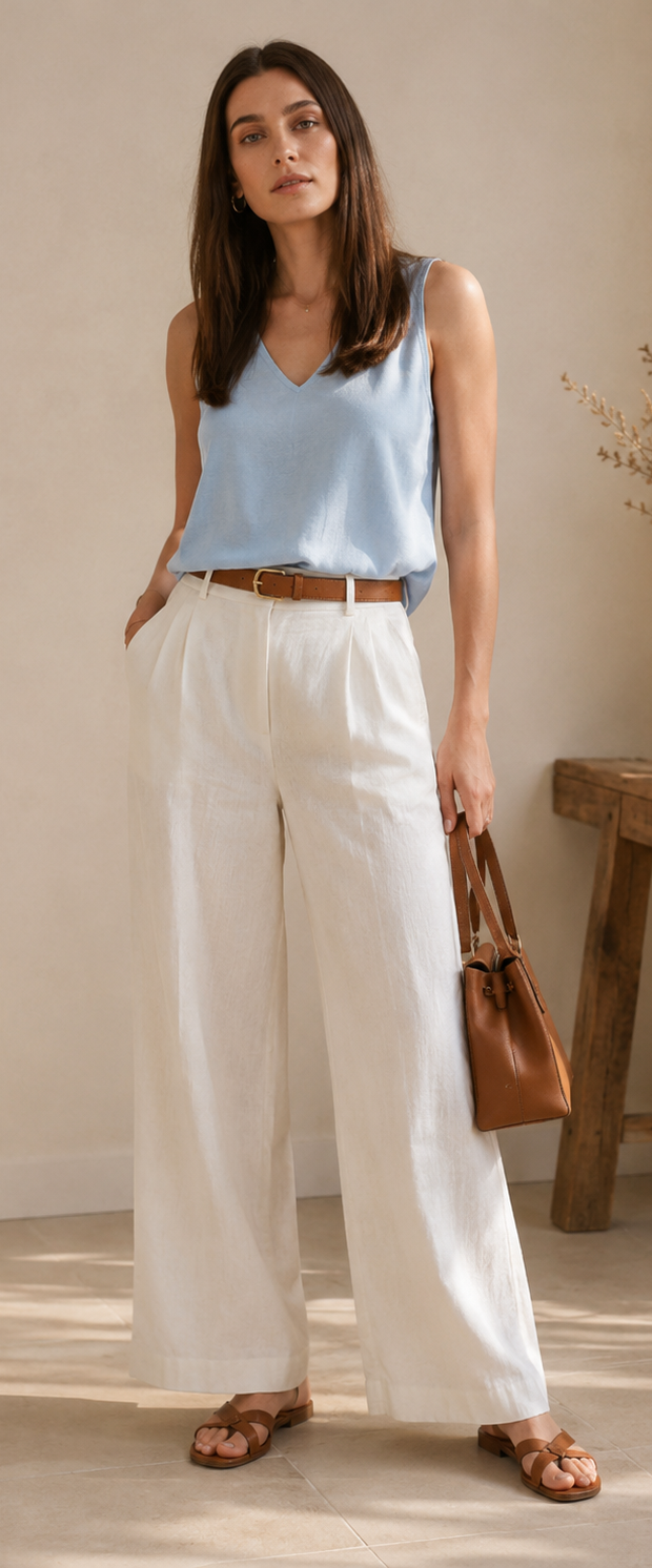 Lichtblauw topje, wijde ivoorkleurige broek, camel leren riem en sandalen.
