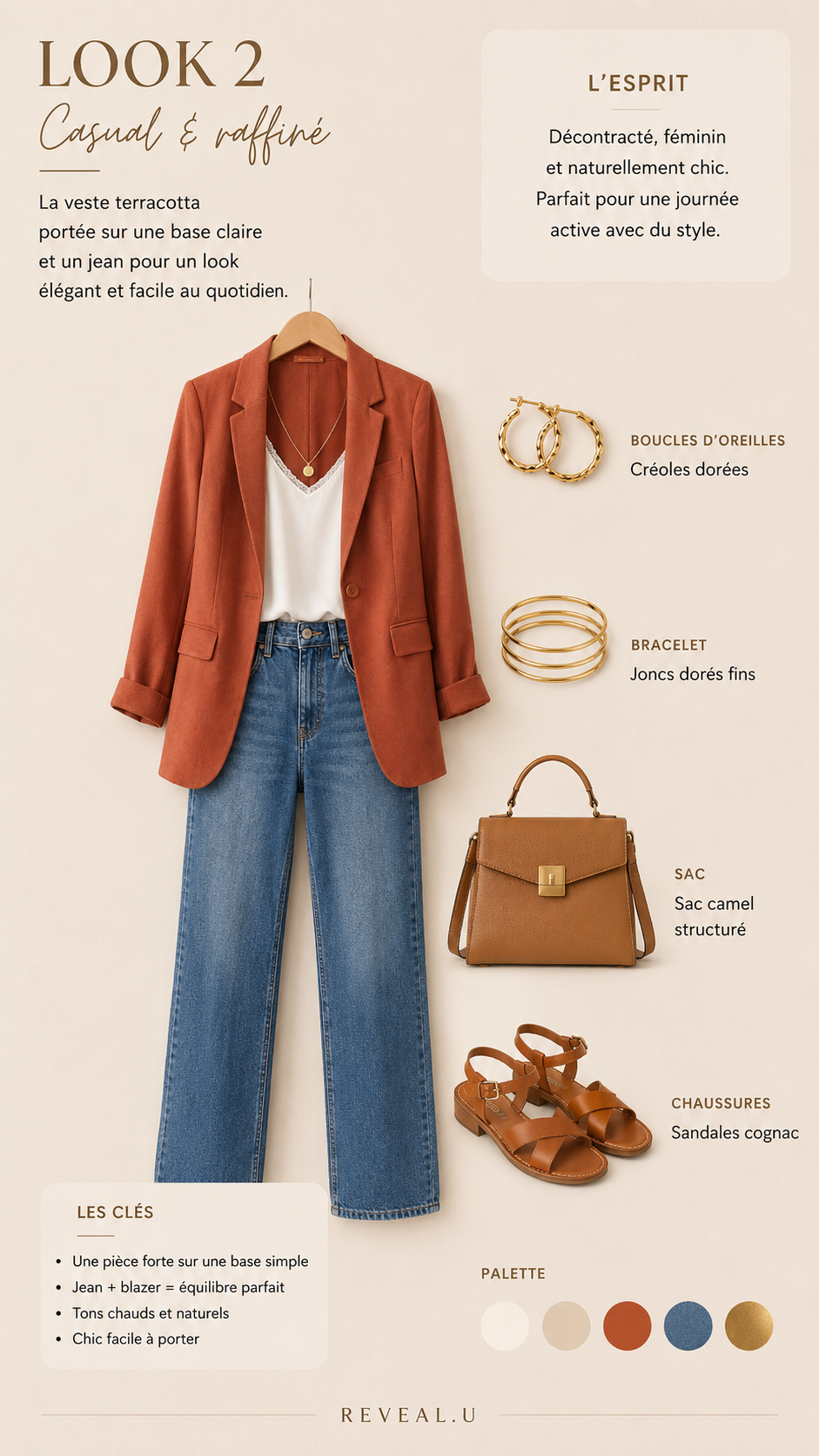 Look 2, casual en verfijnd: terracotta blazer, wit hemdje, rechte jeans, camel tas en cognackleurige sandalen.